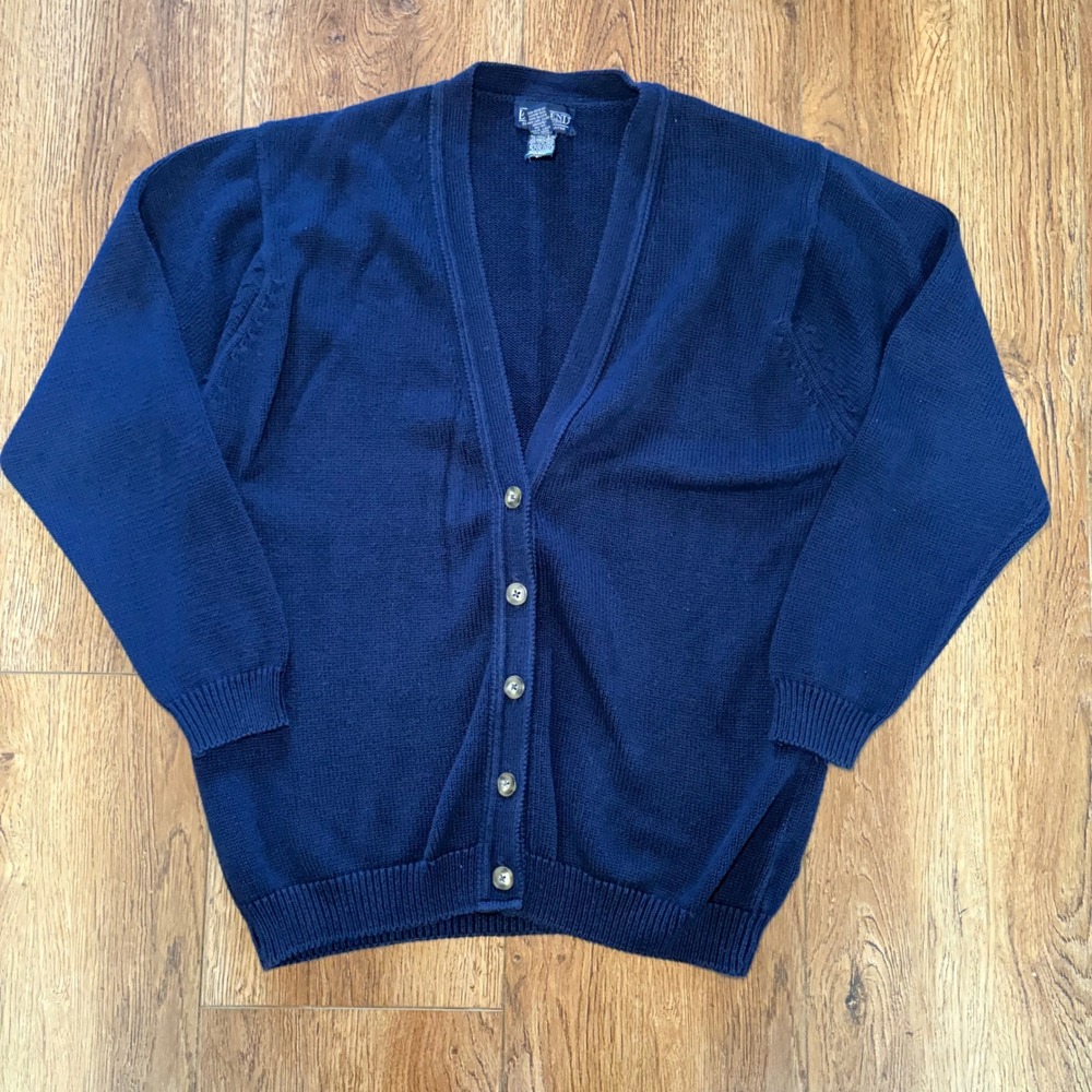90s Lands End Drifter Cardigan Sweater Blue Heavy Cotton Knit Womens M USA made